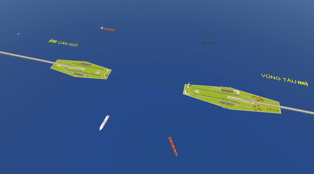 Phối cảnh hầm ngầm được xây dựng ở khu vực thông thuyền trên biển. Hai bên là đảo nhân tạo