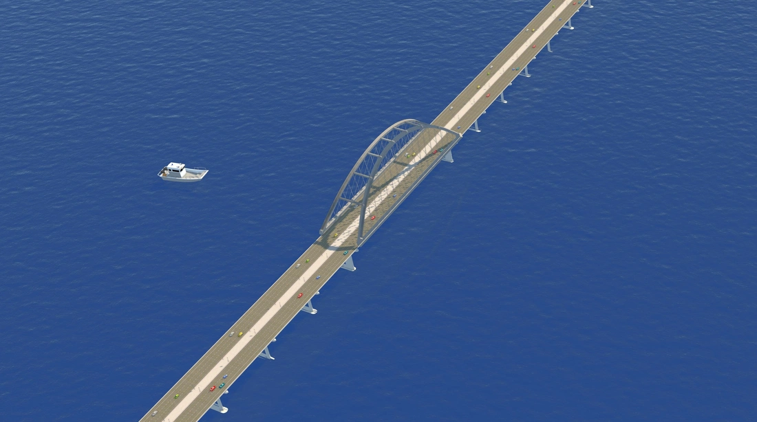 Phần cầu được thiết kế một khoảng thông thuyền rộng để thuận lợi cho tàu thuyền qua lại